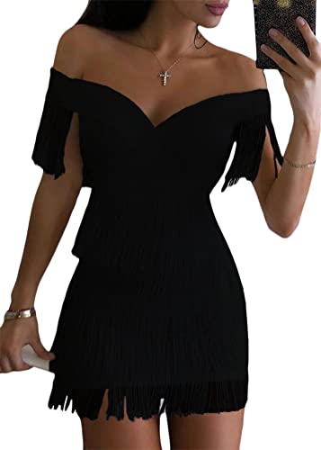 Yesgirl Damen One Shoulder Kleid Schulterfrei Fransen Sommerkleid Abendkleider Elegant Cocktailkleid Sexy V-Ausschnitt Bodycon Minikleid Club Kleid Partykleid Schwarz S von Yesgirl