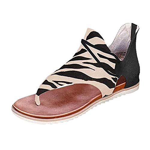 Yesgirl Damen Sandalen Bequeme Plattform Sommerschuhe Strand Reise Flach Schuhe Flip Flops Leopard Drucken Peeptoe Zehentrenner Offen Lace Up Römische Schuhe Zebra 39 EU von Yesgirl