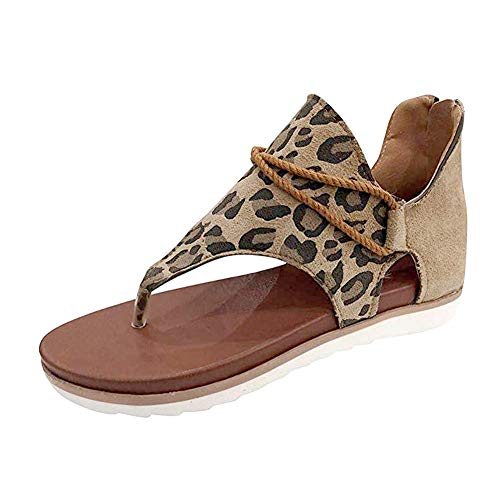 Yesgirl Damen Sandalen Sommer Bequeme Flache Riemchensandalen Leopard Schaftsandalen Open Toe Flip Flops Pu Leder Mode Strandsandalen Toe Back Reißverschluss Y Leopard 39 EU von Yesgirl