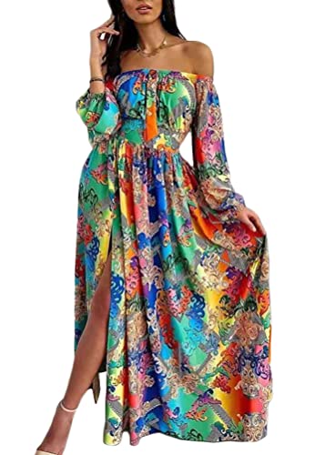 Yesgirl Damen Sommerkleid Boho Blumen Freizeitkleid 3/4-Arm Maxikleider Schulterfreies Kleid High Waist Midi Freizeitkleid mit Schlitz Elegant Chic Blumenkleid Cocktailkleid Partykleid Grün XL von Yesgirl