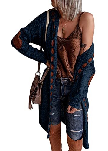 Yesgirl Damen Strickjacke Lang Cardigan Langarm Kapuzenpullover Outwear Herbst Winter Jacke Mantel mit Kapuze Open Front Sweater A Dunkelblau L von Yesgirl