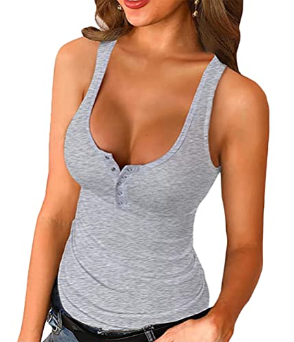 Yesgirl Damen Tank Top Sommer Ärmellose Oberteile mit Knopf Sexy Ribbed Tops Basic Oberteile Einfarbig Strickoberteil Elastische Slim Fit Unterhemden Damen A Grau L von Yesgirl