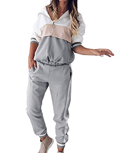 Yesgirl Damen Trainingsanzug Mode 2 Stück Set Farbnähte Hoodie Mit Kapuze Sweatshirt Lange Ärmel Zipper Top + Lange Hose Sportswear 2 Stück Set Sport Freizeitanzug Jogginganzug A Grau 42 von Yesgirl