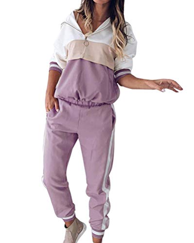 Yesgirl Damen Trainingsanzug Mode 2 Stück Set Farbnähte Hoodie Mit Kapuze Sweatshirt Lange Ärmel Zipper Top + Lange Hose Sportswear 2 Stück Set Sport Freizeitanzug Jogginganzug A Violett 46 von Yesgirl