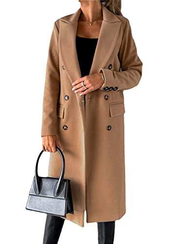 Yesgirl Damen Trenchcoat Langer Warm Wintermantel Parka Zweireiher Mantel Jacke Overcoat Elegant Schlanke Wollmantel Windjacke Winddichter Herbst Winter Revers Mantel Oberbekleidung A Khaki 3XL von Yesgirl