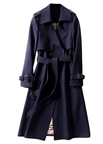 Yesgirl Damen-Mantel, Jacke mit Knöpfen und Revers, lang, warm, Trenchcoat, langarm, vintage, einfarbig, für Herbst und Winter, A dunkelblau., 36 von SilkTem