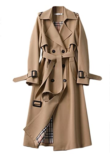 Yesgirl Damen-Mantel, Jacke mit Knöpfen und Revers, lang, warm, Trenchcoat, langarm, vintage, einfarbig, für Herbst und Winter, A Khaki, 50 von Yesgirl