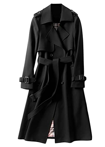 Yesgirl Damen-Mantel, Jacke mit Knöpfen und Revers, lang, warm, Trenchcoat, langarm, vintage, einfarbig, für Herbst und Winter, A schwarz., 50 von Yesgirl