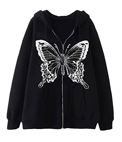 Yesgirl Damen Y2K Hoodie Kapuzenpullover Schmetterling Pullover mit Kapuze E-Girl Reißverschluss Sweatshirt Oversize Vintage Jacke Zip Up Hoodie Kapuzenjacke Gothic Hoodies A Schwarz 3XL von Yesgirl