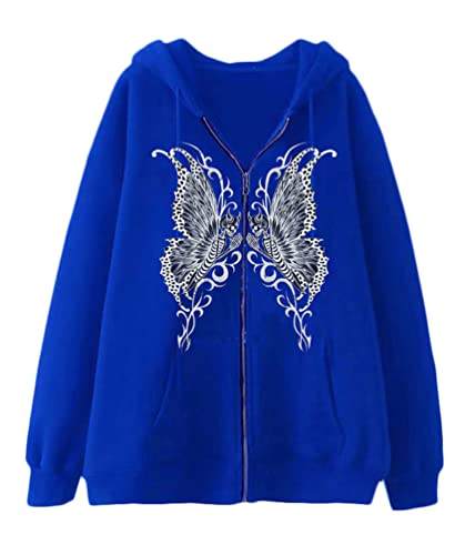 Yesgirl Damen Y2K Hoodie Kapuzenpullover Schmetterling Pullover mit Kapuze E-Girl Reißverschluss Sweatshirt Oversize Vintage Jacke Zip Up Hoodie Kapuzenjacke Gothic Hoodies B Blau M von Lupsty