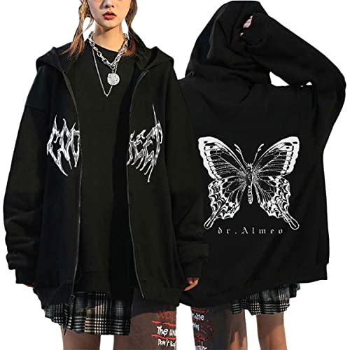 Yesgirl Damen Y2K Hoodies Zip Up Kapuzenpullover E-Girl Vintage Jacke Oversize Schmetterling Pullover mit Kapuze Reißverschluss Sweatshirt Kapuzenjacke Gothic Hoodies B Schwarz1 3XL von Yesgirl