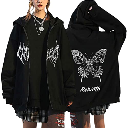 Yesgirl Damen Y2K Hoodies Zip Up Kapuzenpullover E-Girl Vintage Jacke Oversize Schmetterling Pullover mit Kapuze Reißverschluss Sweatshirt Kapuzenjacke Gothic Hoodies B Schwarz2 L von Yesgirl