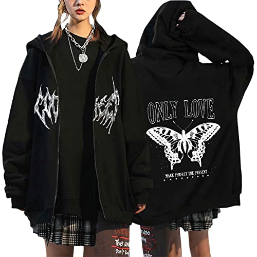 Yesgirl Damen Y2K Hoodies Zip Up Kapuzenpullover E-Girl Vintage Jacke Oversize Schmetterling Pullover mit Kapuze Reißverschluss Sweatshirt Kapuzenjacke Gothic Hoodies B Schwarz3 M von Yesgirl