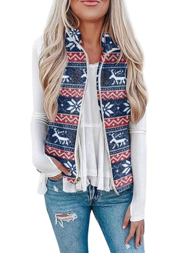 Yesgirl Fleece Weste Damen Casual Warm Ärmellos Westen Herbst Winter Fleeceweste Weihnachts Rentier Cardigan Jacke Herbstmantel mit Stehkragen A Dunkelblau L von Yesgirl