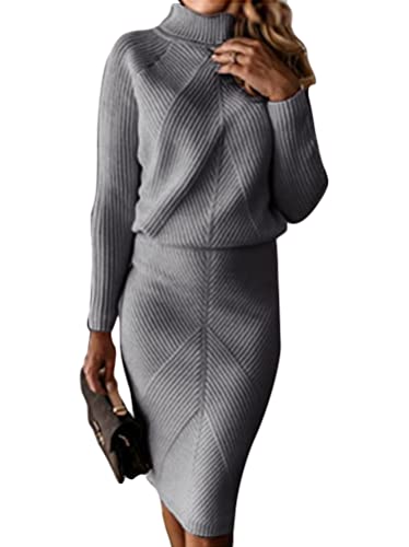 Yesgirl Freizeitkleider für Damen Elegant Outfits Herbst Frauen Stricken Kostüm Rollkragen Einfarbig Pullover + High Waist Paket Hip Slim Fit Rock Zwei Stück Set Grau Einheitsgröße von Yesgirl