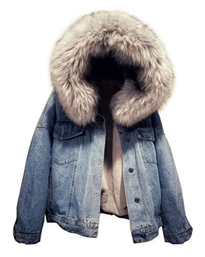 Yesgirl Gefütterte Jeansjacke mit Fellkapuze Winter Mantel Winterjacke Kurz Outwear Denim Jacke Langarm Kapuzenjacke (X-Large, A Grey) von Yesgirl