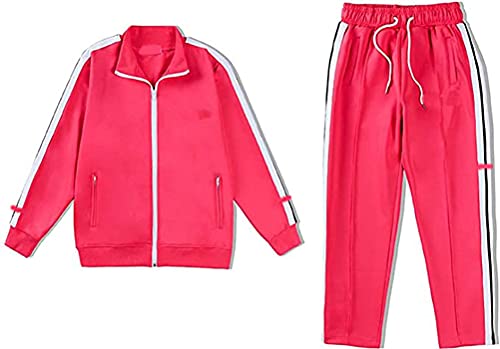 Yesgirl Herren Damen Sports Anzug Gestreiften Jacke Brief Set Sportarigan School Uniform Jacke Unisex Casual Hip Hop Hose Sportbekleidung Streatwear Trainingsanzüge Tracksuit Rose Rot L von Yesgirl