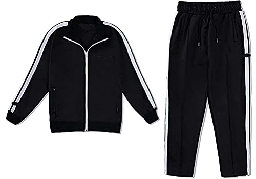 Yesgirl Herren Damen Sports Anzug Gestreiften Jacke Brief Set Sportarigan School Uniform Jacke Unisex Casual Hip Hop Hose Sportbekleidung Streatwear Trainingsanzüge Tracksuit Schwarz L von Yesgirl