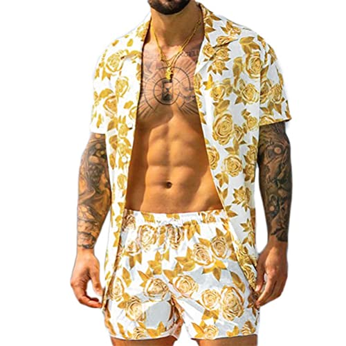 Yesgirl Herren Hemd Shorts Set Hawaiihemd Kurzarm Blumen Freizeitanzug Strandhemd + Kurze Hose Zweiteiler Sommer Outfit Casual Set Freizeithemden Strandshorts Freizeit Hawaii Hemd A Gelb XL von Yesgirl