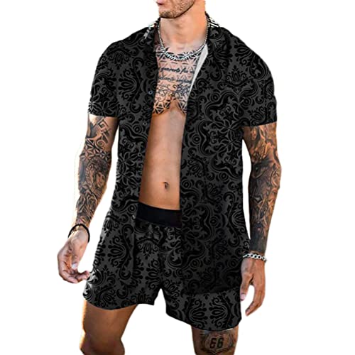 Yesgirl Herren Hemd Shorts Set Hawaiihemd Kurzarm Blumen Freizeitanzug Strandhemd + Kurze Hose Zweiteiler Sommer Outfit Casual Set Freizeithemden Strandshorts Freizeit Hawaii Hemd B Grau XXL von Yesgirl