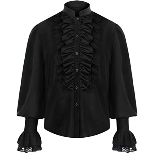 Yesgirl Herren Piratenhemd Rüschenhemd Viktorianisch Renaissance Mittelalter Hemd Langarm Gothic Shirt Steampunk Retro Kostüm Halloween Cosplay Kostüm C Schwarz XL von Yesgirl