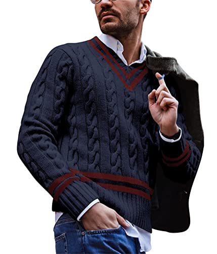 Yesgirl Herren Pullover V Ausschnitt Sweatshirt Männer Zopfmuster Strickpullover Gestreift Winterpullover Slim Fit Einfarbig Grobstrick Pulli Sweater A Dunkelblau XXL von Yesgirl