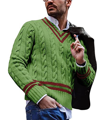 Yesgirl Herren Pullover V Ausschnitt Sweatshirt Männer Zopfmuster Strickpullover Gestreift Winterpullover Slim Fit Einfarbig Grobstrick Pulli Sweater A Grün XXL von Yesgirl