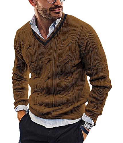 Yesgirl Herren Pullover V Ausschnitt Sweatshirt Männer Zopfmuster Strickpullover Gestreift Winterpullover Slim Fit Einfarbig Grobstrick Pulli Sweater B Braun XXL von Yesgirl
