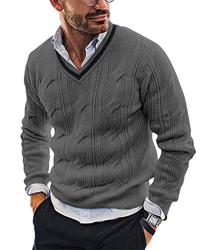 Yesgirl Herren Pullover V Ausschnitt Sweatshirt Männer Zopfmuster Strickpullover Gestreift Winterpullover Slim Fit Einfarbig Grobstrick Pulli Sweater B Grau L von Yesgirl