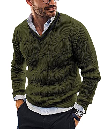 Yesgirl Herren Pullover V Ausschnitt Sweatshirt Männer Zopfmuster Strickpullover Gestreift Winterpullover Slim Fit Einfarbig Grobstrick Pulli Sweater B Grün XL von Yesgirl