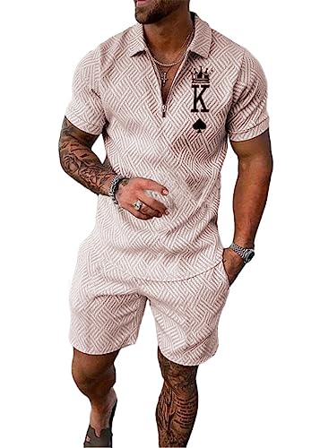 Yesgirl Herren Trainingsanzug Set Sommer Sportanzug 2 Teiliges Outfit Sport Set Kurzarm T-Shirt + Kurze Hose Sets Freizeitanzug Business Polo Hemd Jogginganzug Zweiteiliges Set A Beige1 3XL von Yesgirl