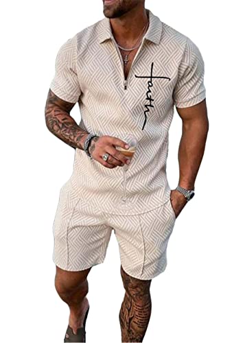 Yesgirl Herren Trainingsanzug Set Sommer Sportanzug 2 Teiliges Outfit Sport Set Kurzarm T-Shirt + Kurze Hose Sets Freizeitanzug Business Polo Hemd Jogginganzug Zweiteiliges Set A Beige2 3XL von Yesgirl