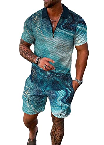 Yesgirl Herren Trainingsanzug Set Sommer Sportanzug 2 Teiliges Outfit Sport Set Kurzarm T-Shirt + Kurze Hose Sets Freizeitanzug Business Polo Hemd Jogginganzug Zweiteiliges Set A Blau3 3XL von Yesgirl