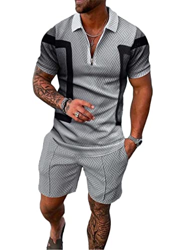 Yesgirl Herren Trainingsanzug Set Sommer Sportanzug 2 Teiliges Outfit Sport Set Kurzarm T-Shirt + Kurze Hose Sets Freizeitanzug Business Polo Hemd Jogginganzug Zweiteiliges Set A Grau1 L von Yesgirl