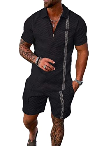 Yesgirl Herren Trainingsanzug Set Sommer Sportanzug 2 Teiliges Outfit Sport Set Kurzarm T-Shirt + Kurze Hose Sets Freizeitanzug Business Polo Hemd Jogginganzug Zweiteiliges Set A Schwarz1 3XL von Yesgirl