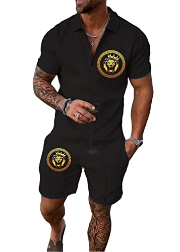 Yesgirl Herren Trainingsanzug Set Sommer Sportanzug 2 Teiliges Outfit Sport Set Kurzarm T-Shirt + Kurze Hose Sets Freizeitanzug Business Polo Hemd Jogginganzug Zweiteiliges Set A Schwarz4 3XL von Yesgirl