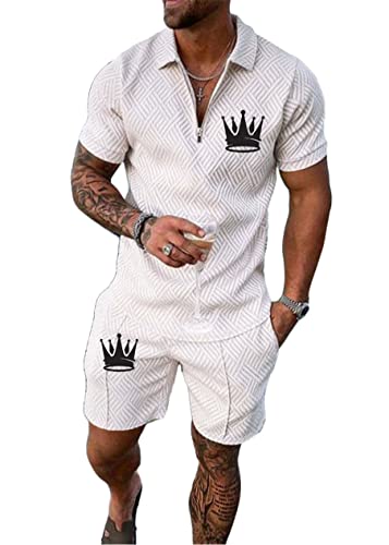 Yesgirl Herren Trainingsanzug Set Sommer Sportanzug 2 Teiliges Outfit Sport Set Kurzarm T-Shirt + Kurze Hose Sets Freizeitanzug Business Polo Hemd Jogginganzug Zweiteiliges Set A Weiß1 3XL von Yesgirl