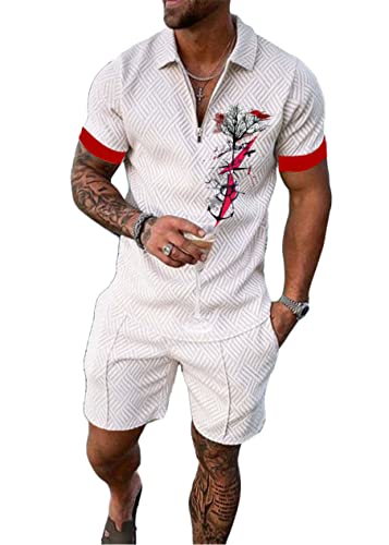 Yesgirl Herren Trainingsanzug Set Sommer Sportanzug 2 Teiliges Outfit Sport Set Kurzarm T-Shirt + Kurze Hose Sets Freizeitanzug Business Polo Hemd Jogginganzug Zweiteiliges Set A Weiß2 M von Yesgirl