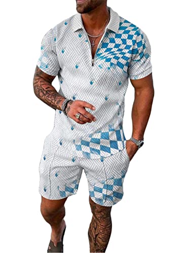 Yesgirl Herren Trainingsanzug Set Sommer Sportanzug 2 Teiliges Outfit Sport Set Kurzarm T-Shirt + Kurze Hose Sets Freizeitanzug Business Polo Hemd Jogginganzug Zweiteiliges Set A Weiß5 L von Yesgirl