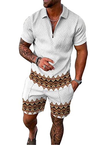 Yesgirl Herren Trainingsanzug Set Sommer Sportanzug 2 Teiliges Outfit Sport Set Kurzarm T-Shirt + Kurze Hose Sets Freizeitanzug Business Polo Hemd Jogginganzug Zweiteiliges Set A Weiß6 3XL von Yesgirl