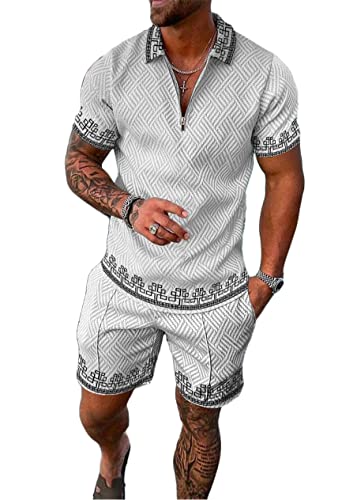 Yesgirl Herren Trainingsanzug Set Sommer Sportanzug 2 Teiliges Outfit Sport Set Kurzarm T-Shirt + Kurze Hose Sets Freizeitanzug Business Polo Hemd Jogginganzug Zweiteiliges Set A Weiß8 L von Yesgirl