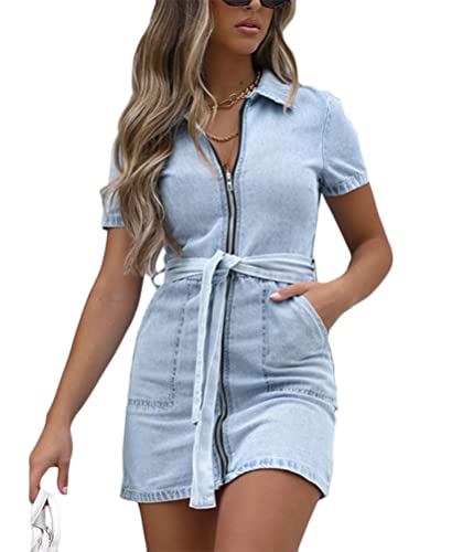 Yesgirl Jeanskleid Damen Sommerkleid Boho Jeans Kleider A-Linie Knielang Kleid V-Ausschnitt Knopf Blusenkleid Tunika Hemdkleid Casual Loose Denimkleid Freizeitkleid Strandkleider F Hellblau 3XL von Yesgirl