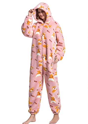 Yesgirl Jumpsuit Damen Teddy Fleece Pyjama Einteiler Schlafanzug mit Kapuze Winter Kuscheliger Hausanzug mit Reißverschluss Erwachsene Animal Kostuem Schlafoverall Pyjama Overall A Rosa XL von Yesgirl