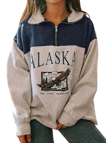 Yesgirl Kapuzenpullover Für Damen Alaska Letter Print Sweatshirt Lose Casual Langarm Hip Hop Hoher Rundhals Reißverschluss Adler Grafik Top Farbanpassung Hoodie (L, 01 A Blau) von Yesgirl