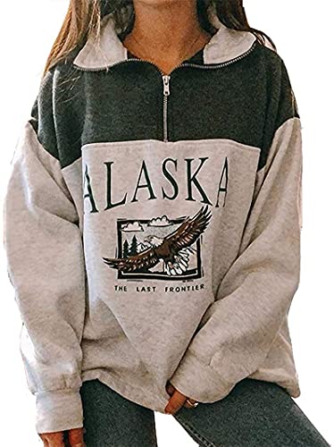 Yesgirl Kapuzenpullover Für Damen Alaska Letter Print Sweatshirt Lose Casual Langarm Hip Hop Hoher Rundhals Reißverschluss Adler Grafik Top Farbanpassung Hoodie (S, 01 A Grün) von Yesgirl