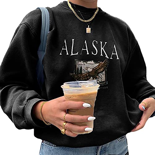 Yesgirl Kapuzenpullover Für Damen Alaska Letter Print Sweatshirt Lose Casual Langarm Hip Hop Hoher Rundhals Reißverschluss Adler Grafik Top Farbanpassung HoodieSchwarzXXL von Yesgirl