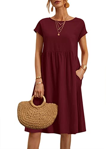 Yesgirl Leinenkleid Damen Sommerkleid Rundhals Kurzarm Knielang Kleid Baumwolle Leinen T-Shirt Kleid Blusenkleid Boho Freizeitkleid Einfarbig A-Linie Kleid Strandkleid mit Gerafft A Rot2 L von Yesgirl