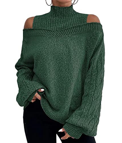 Yesgirl Pullover Damen Rollkragenpullover Elegant Strickpullover Casual Lose Grobstrickpullover Langarm Pulli Oberteile Colorblock/Einfarbig Sweatshirt Sweater für Herbst Winter B Grün M von Yesgirl