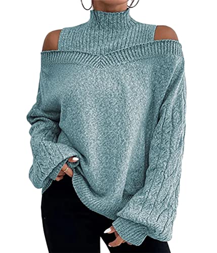 Yesgirl Pullover Damen Rollkragenpullover Elegant Strickpullover Casual Lose Grobstrickpullover Langarm Pulli Oberteile Colorblock/Einfarbig Sweatshirt Sweater für Herbst Winter B Hellblau XXL von Yesgirl