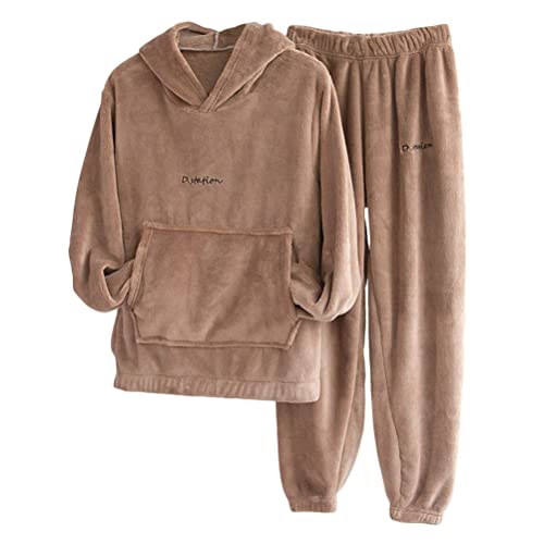 Yesgirl Schlafanzug Damen Hausanzug Kuschelig Warm Korallensamt Pyjama Sets Fleece Pyjama Herren Plüsch Hoodie und Schlafhose 2-Set Schlafanzug Loungewear Freizeitanzug A Khaki XL von Yesgirl